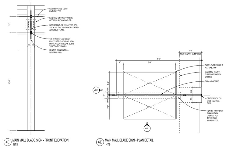 Main Mall Blade Sign Front Elevation and Plan Detail