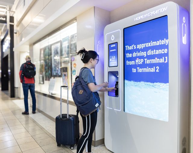 A passenger filling a reusable water bottle at a Pentair HOPE Hydration water refill station