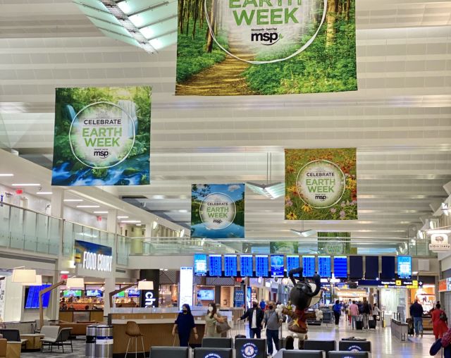 Banners celebrating Earth Week in the mall in MSP Airport Terminal 1